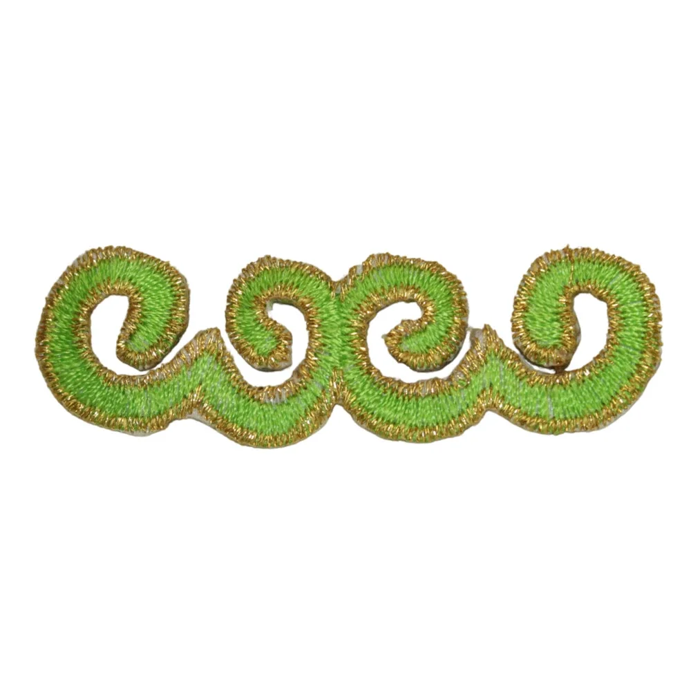 Green Gold Embroidered Iron On Applique Scroll Motif Patch Small Vintage
